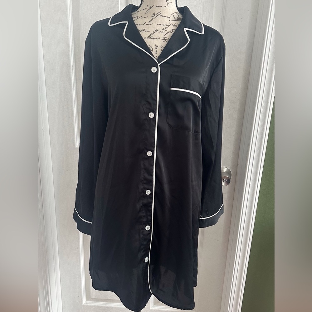 Stars Above Black Satin Nightshirt with White Trim